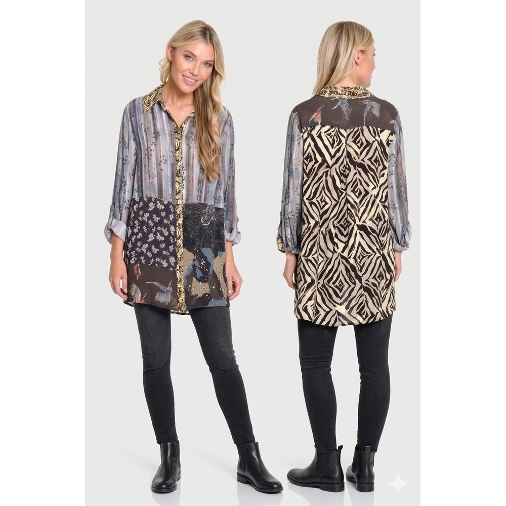 John Mark‎ Patchwork Bohemian Artsy Top Indie Oversized S 90s Retro Statement
